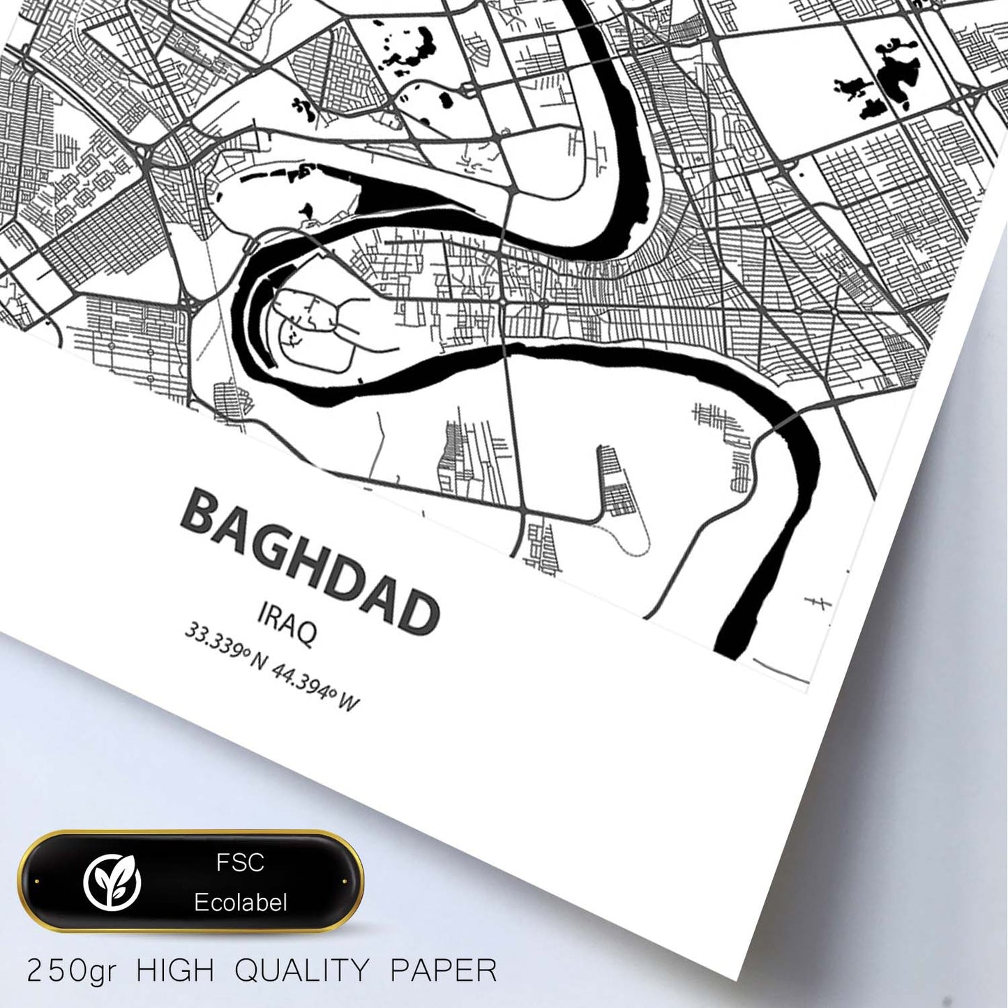 Poster con mapa de Baghdad - Iraq. Láminas de ciudades de Oriente Medio con mares y ríos en color negro.-Artwork-Nacnic-Nacnic Estudio SL