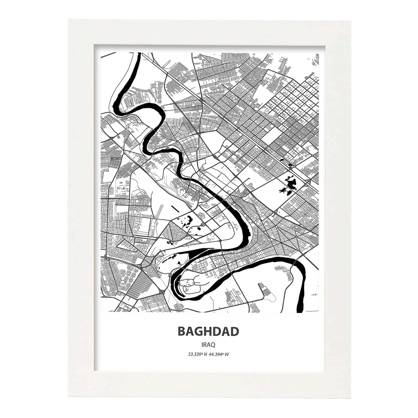 Poster con mapa de Baghdad - Iraq. Láminas de ciudades de Oriente Medio con mares y ríos en color negro.-Artwork-Nacnic-A3-Marco Blanco-Nacnic Estudio SL