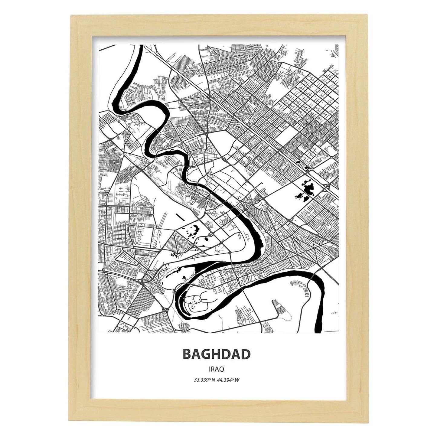 Poster con mapa de Baghdad - Iraq. Láminas de ciudades de Oriente Medio con mares y ríos en color negro.-Artwork-Nacnic-A3-Marco Madera clara-Nacnic Estudio SL