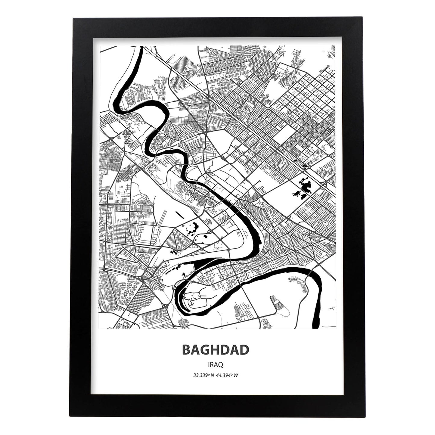 Poster con mapa de Baghdad - Iraq. Láminas de ciudades de Oriente Medio con mares y ríos en color negro.-Artwork-Nacnic-A3-Marco Negro-Nacnic Estudio SL