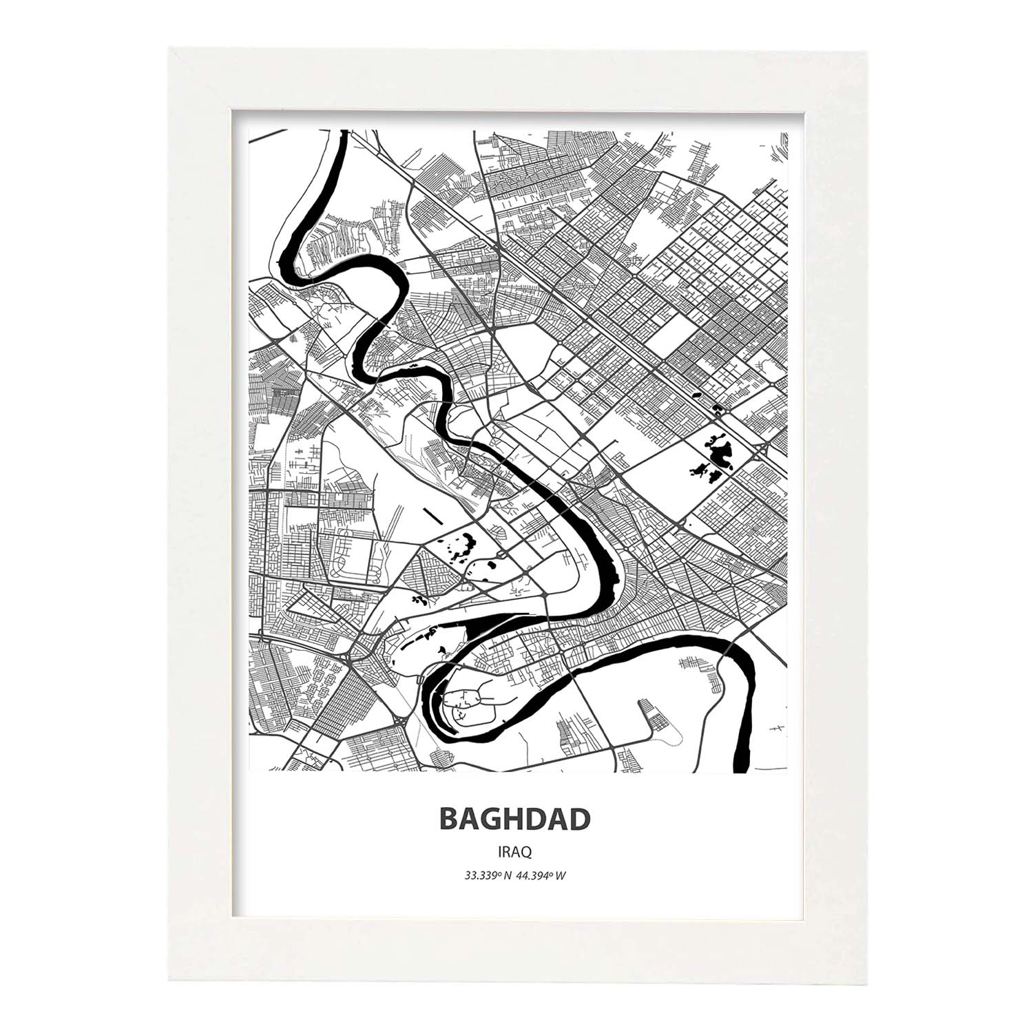 Poster con mapa de Baghdad - Iraq. Láminas de ciudades de Oriente Medio con mares y ríos en color negro.-Artwork-Nacnic-A4-Marco Blanco-Nacnic Estudio SL