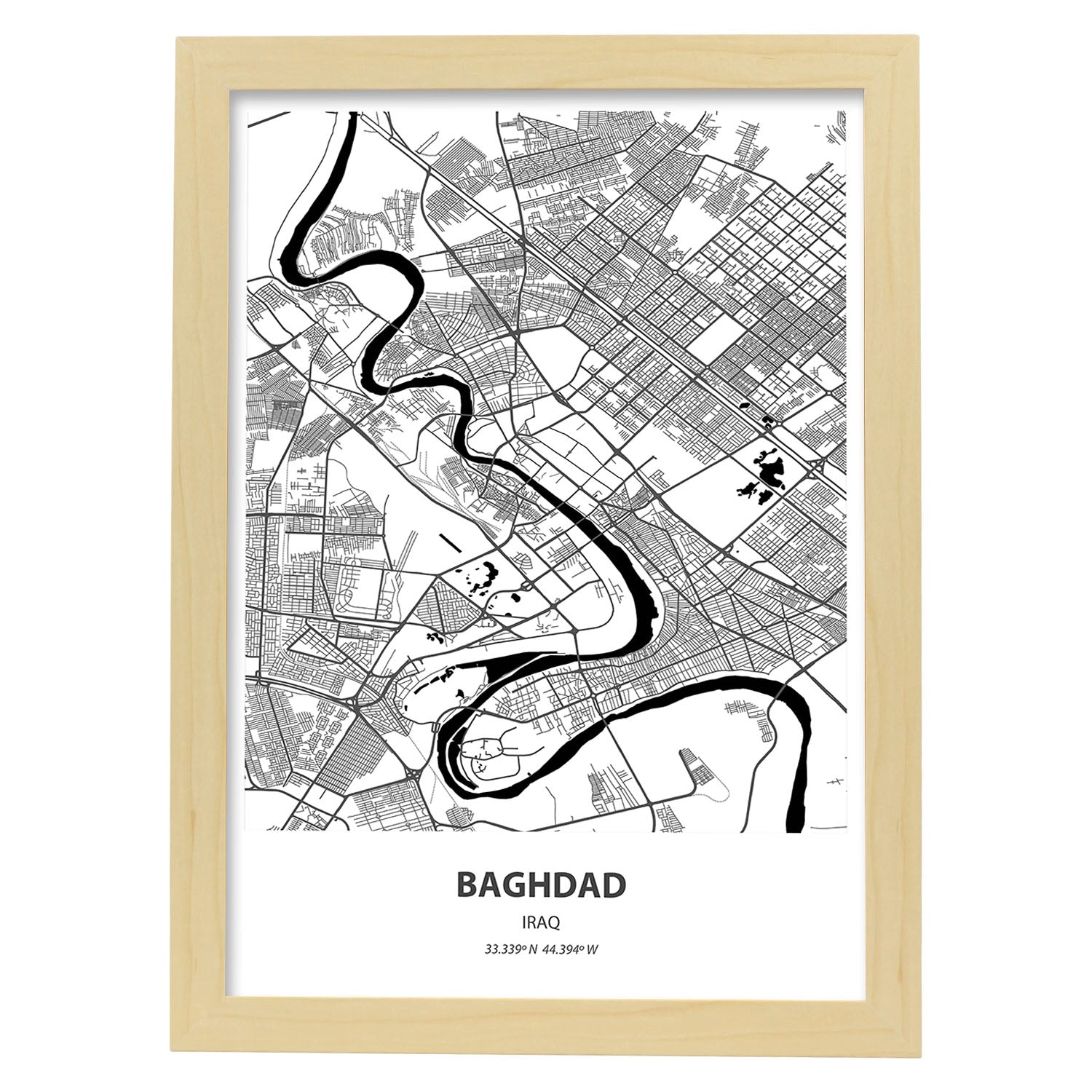 Poster con mapa de Baghdad - Iraq. Láminas de ciudades de Oriente Medio con mares y ríos en color negro.-Artwork-Nacnic-A4-Marco Madera clara-Nacnic Estudio SL