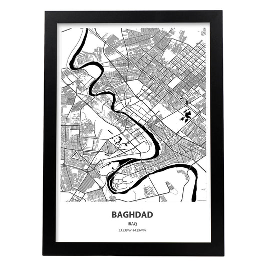 Poster con mapa de Baghdad - Iraq. Láminas de ciudades de Oriente Medio con mares y ríos en color negro.-Artwork-Nacnic-A4-Marco Negro-Nacnic Estudio SL