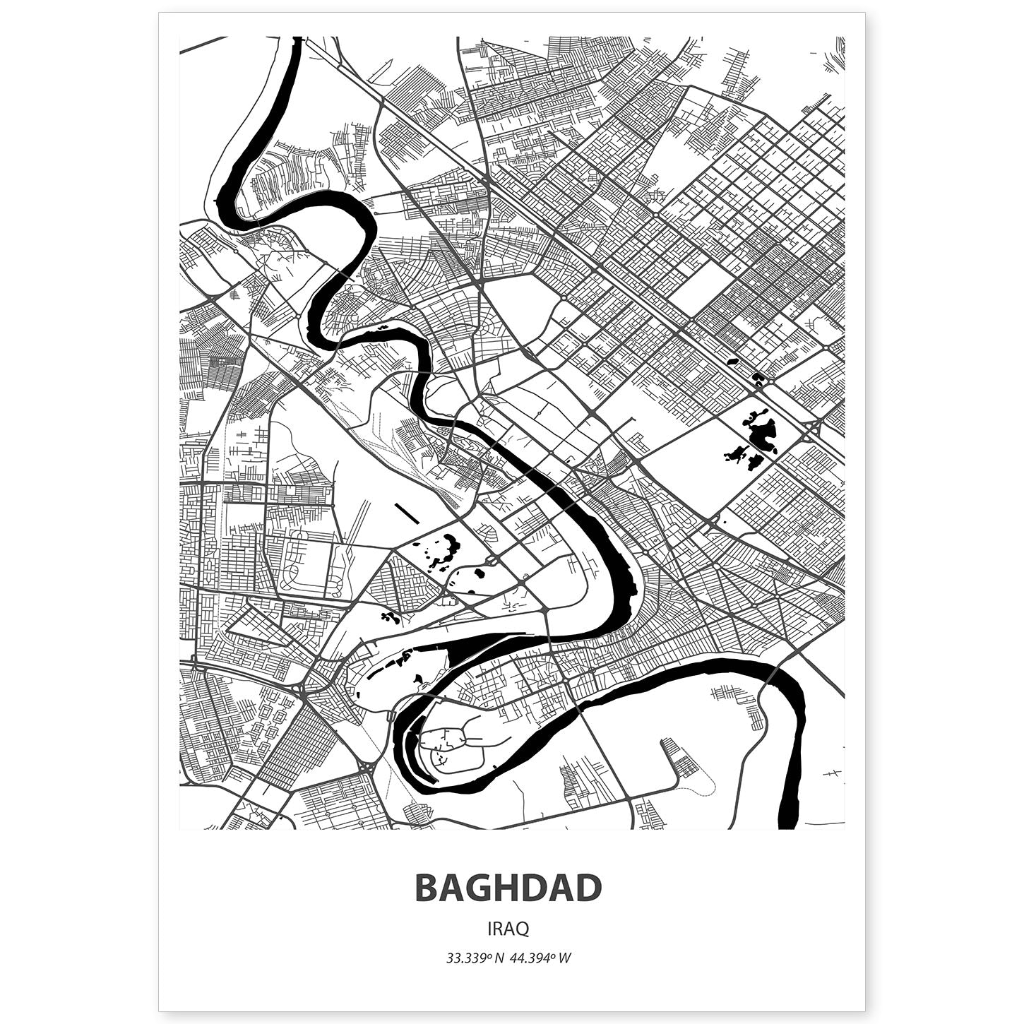 Poster con mapa de Baghdad - Iraq. Láminas de ciudades de Oriente Medio con mares y ríos en color negro.-Artwork-Nacnic-A4-Sin marco-Nacnic Estudio SL