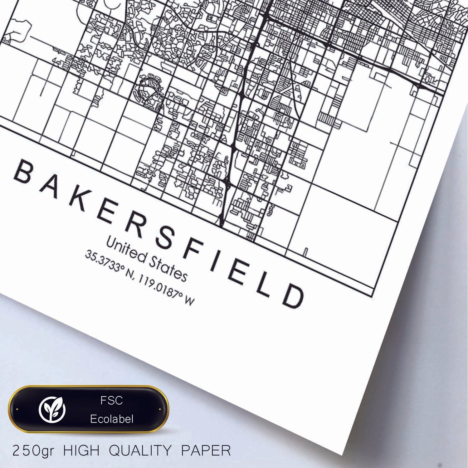 Poster con mapa de Bakersfield. Lámina de Estados Unidos, con imágenes de mapas y carreteras-Artwork-Nacnic-Nacnic Estudio SL