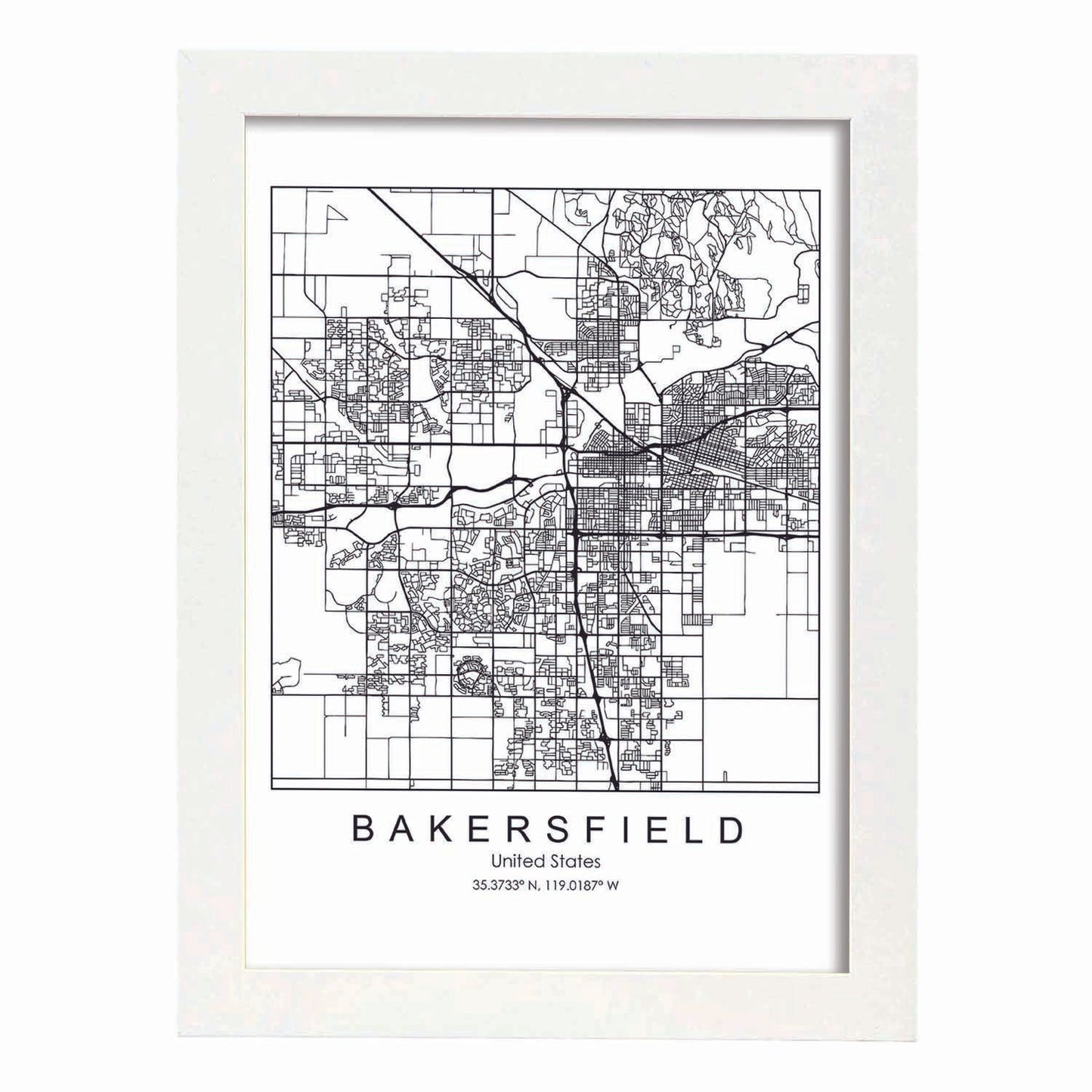 Poster con mapa de Bakersfield. Lámina de Estados Unidos, con imágenes de mapas y carreteras-Artwork-Nacnic-A3-Marco Blanco-Nacnic Estudio SL