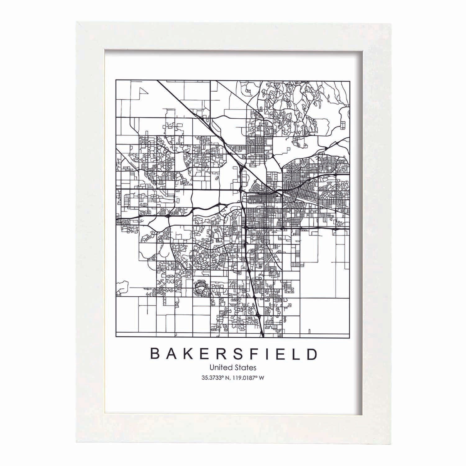 Poster con mapa de Bakersfield. Lámina de Estados Unidos, con imágenes de mapas y carreteras-Artwork-Nacnic-A3-Marco Blanco-Nacnic Estudio SL
