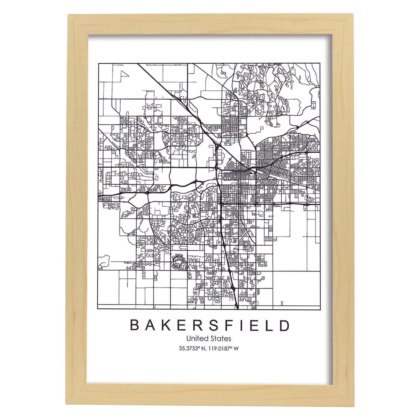 Poster con mapa de Bakersfield. Lámina de Estados Unidos, con imágenes de mapas y carreteras-Artwork-Nacnic-A3-Marco Madera clara-Nacnic Estudio SL