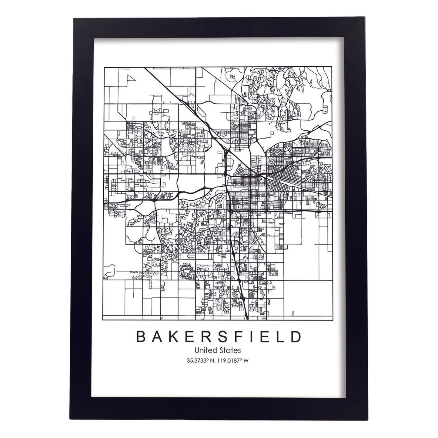 Poster con mapa de Bakersfield. Lámina de Estados Unidos, con imágenes de mapas y carreteras-Artwork-Nacnic-A3-Marco Negro-Nacnic Estudio SL