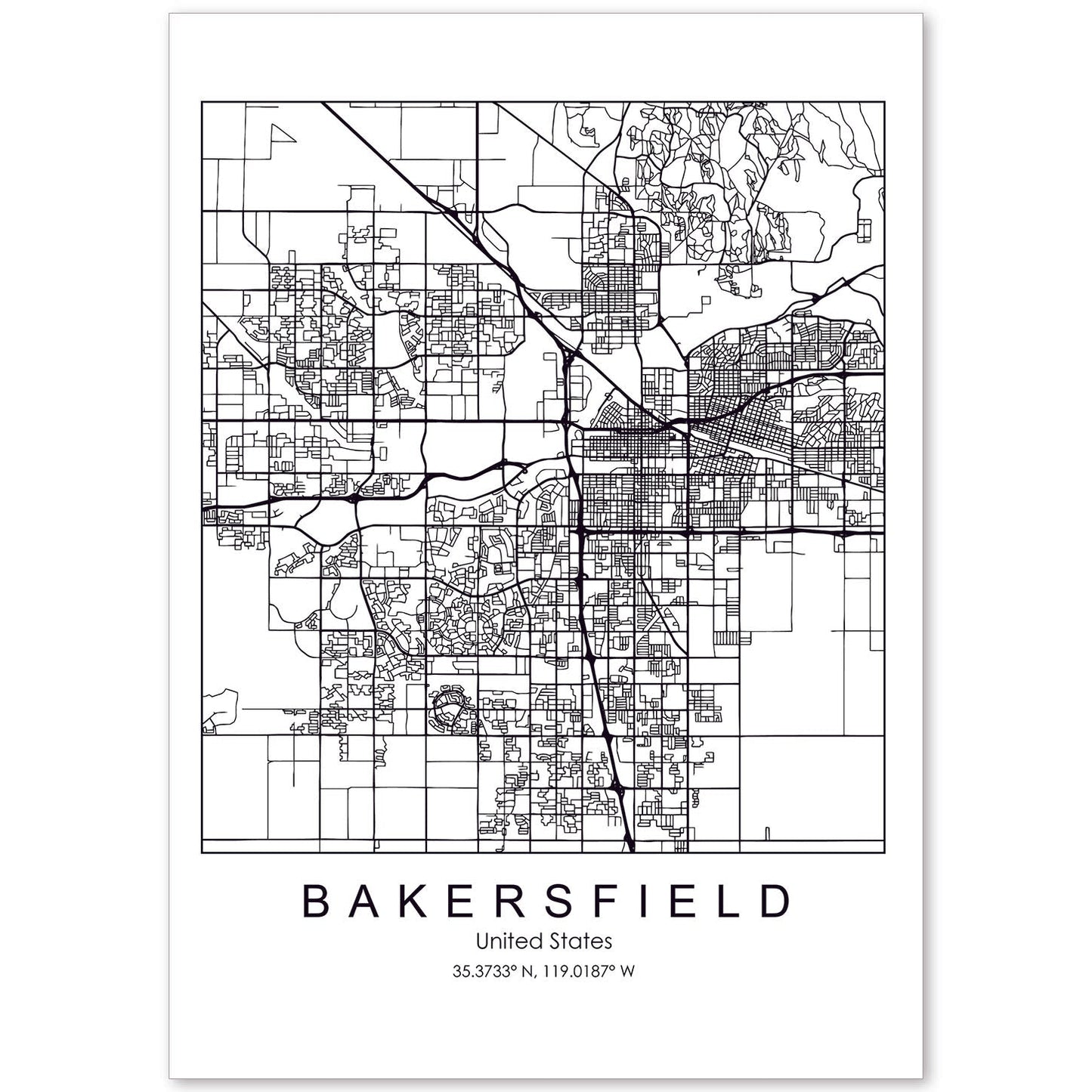 Poster con mapa de Bakersfield. Lámina de Estados Unidos, con imágenes de mapas y carreteras-Artwork-Nacnic-A4-Sin marco-Nacnic Estudio SL