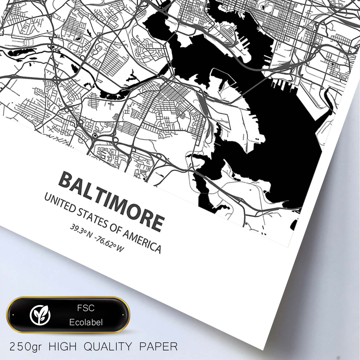Poster con mapa de Baltimore - USA. Láminas de ciudades de Estados Unidos con mares y ríos en color negro.-Artwork-Nacnic-Nacnic Estudio SL