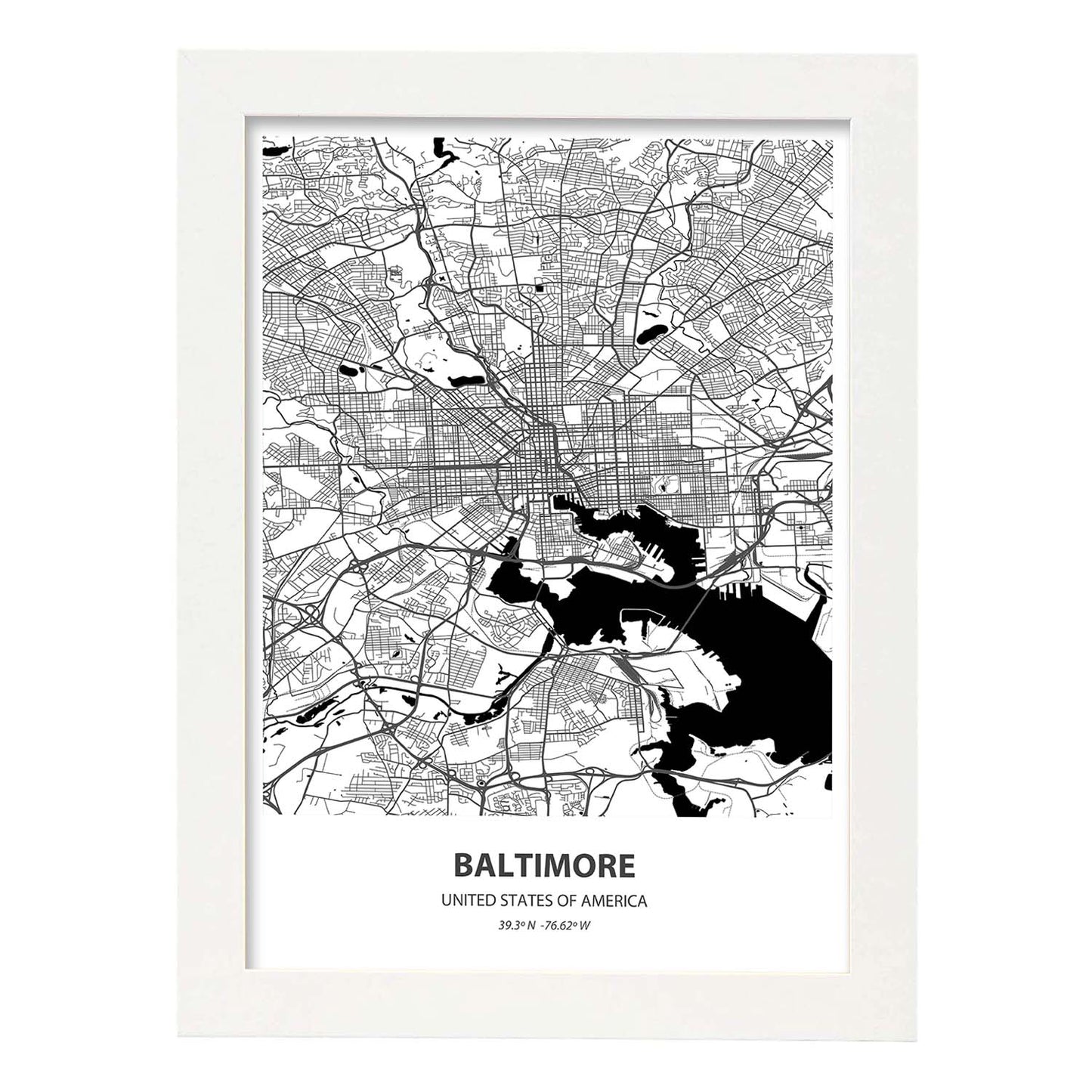 Poster con mapa de Baltimore - USA. Láminas de ciudades de Estados Unidos con mares y ríos en color negro.-Artwork-Nacnic-A3-Marco Blanco-Nacnic Estudio SL