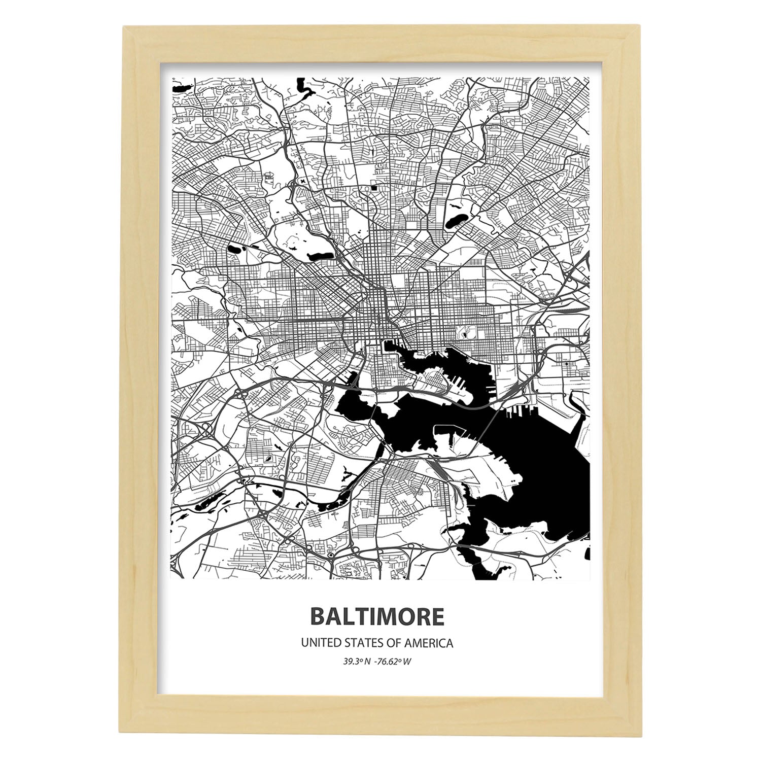 Poster con mapa de Baltimore - USA. Láminas de ciudades de Estados Unidos con mares y ríos en color negro.-Artwork-Nacnic-A3-Marco Madera clara-Nacnic Estudio SL