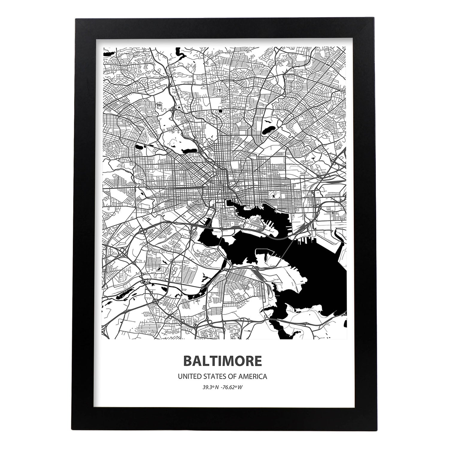 Poster con mapa de Baltimore - USA. Láminas de ciudades de Estados Unidos con mares y ríos en color negro.-Artwork-Nacnic-A3-Marco Negro-Nacnic Estudio SL
