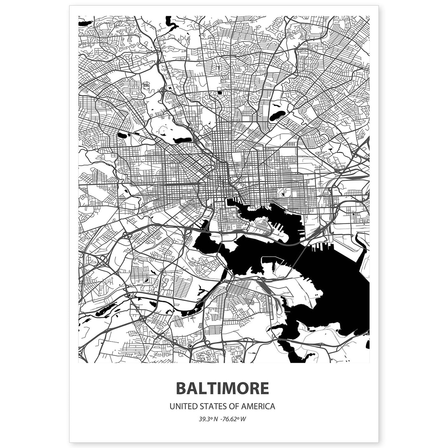 Poster con mapa de Baltimore - USA. Láminas de ciudades de Estados Unidos con mares y ríos en color negro.-Artwork-Nacnic-A4-Sin marco-Nacnic Estudio SL