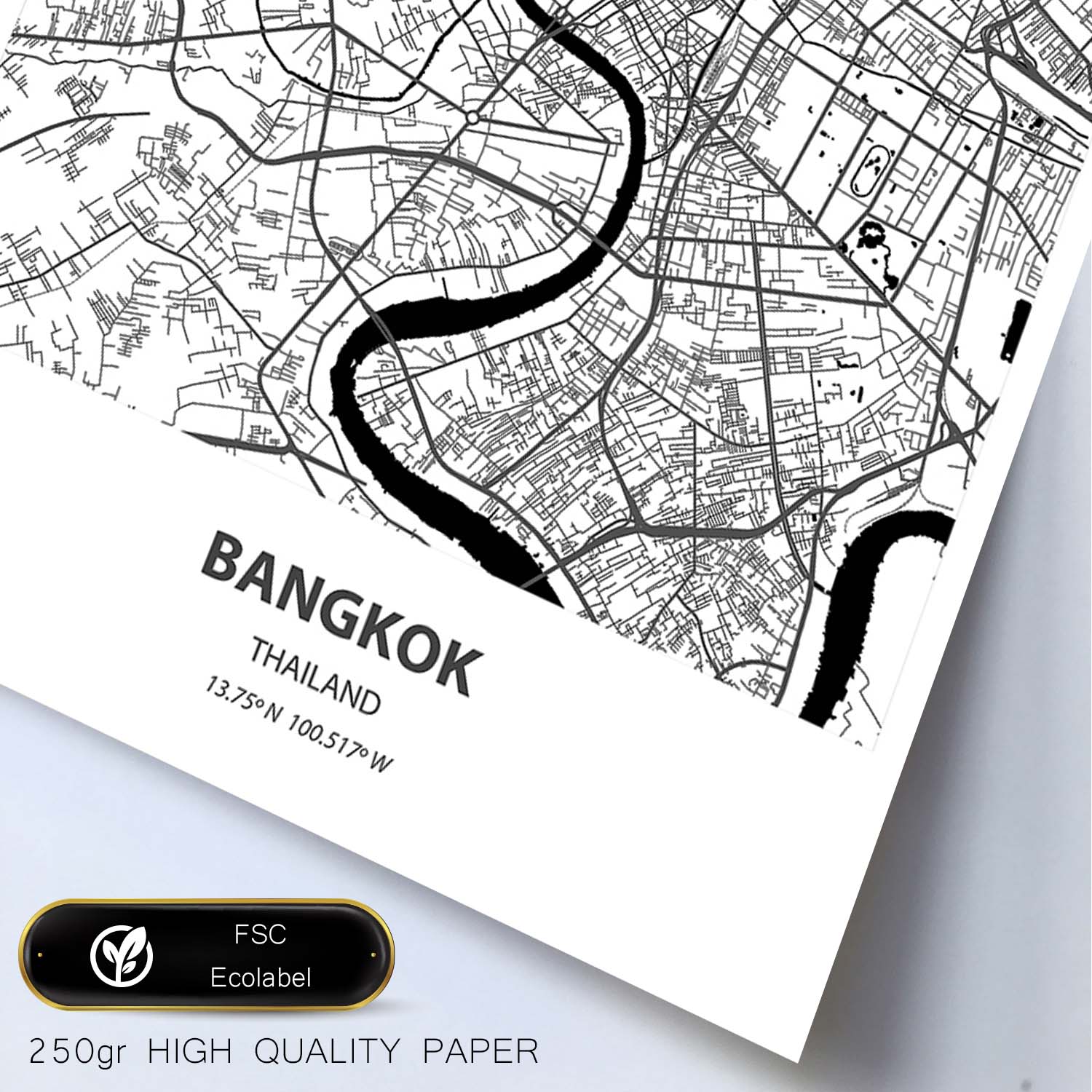 Poster con mapa de Bangkok - Tailandia. Láminas de ciudades de Asia con mares y ríos en color negro.-Artwork-Nacnic-Nacnic Estudio SL