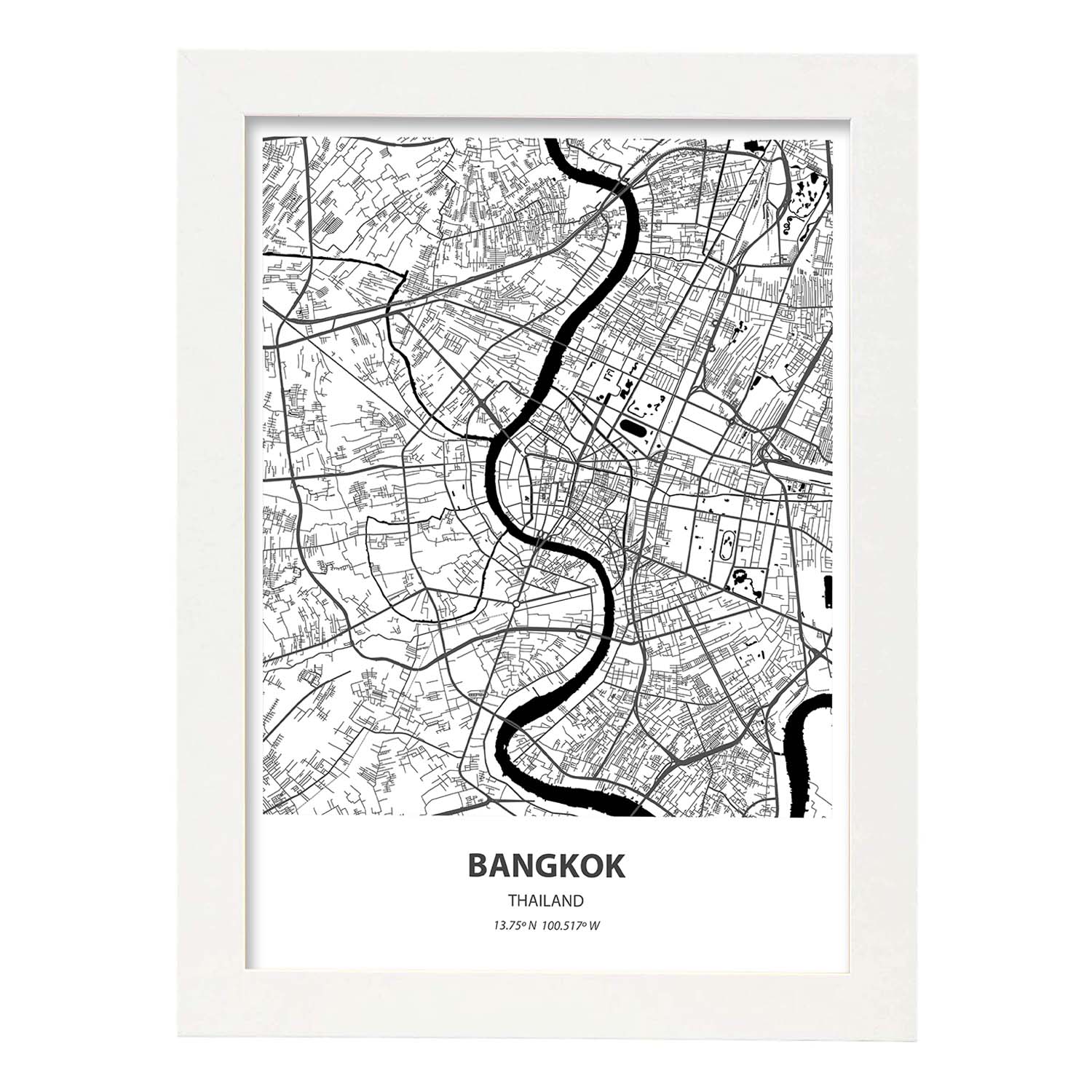 Poster con mapa de Bangkok - Tailandia. Láminas de ciudades de Asia con mares y ríos en color negro.-Artwork-Nacnic-A3-Marco Blanco-Nacnic Estudio SL