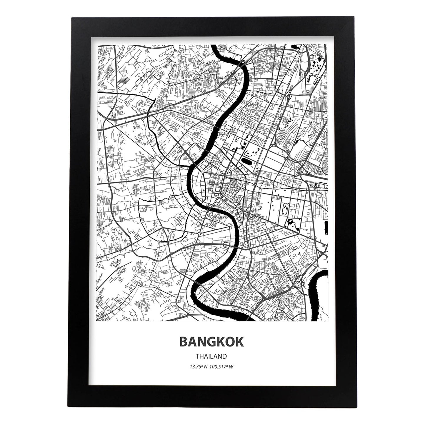 Poster con mapa de Bangkok - Tailandia. Láminas de ciudades de Asia con mares y ríos en color negro.-Artwork-Nacnic-A3-Marco Negro-Nacnic Estudio SL