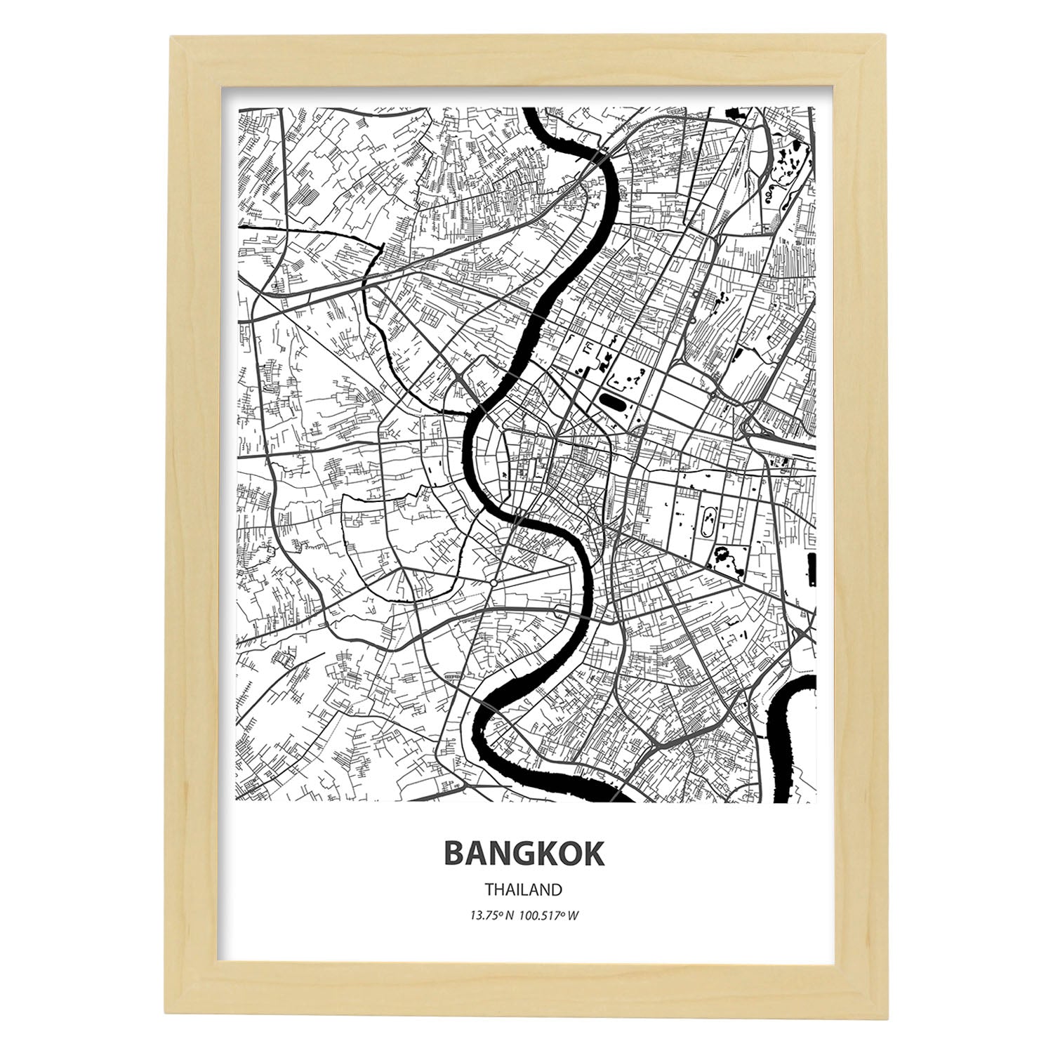 Poster con mapa de Bangkok - Tailandia. Láminas de ciudades de Asia con mares y ríos en color negro.-Artwork-Nacnic-A4-Marco Madera clara-Nacnic Estudio SL