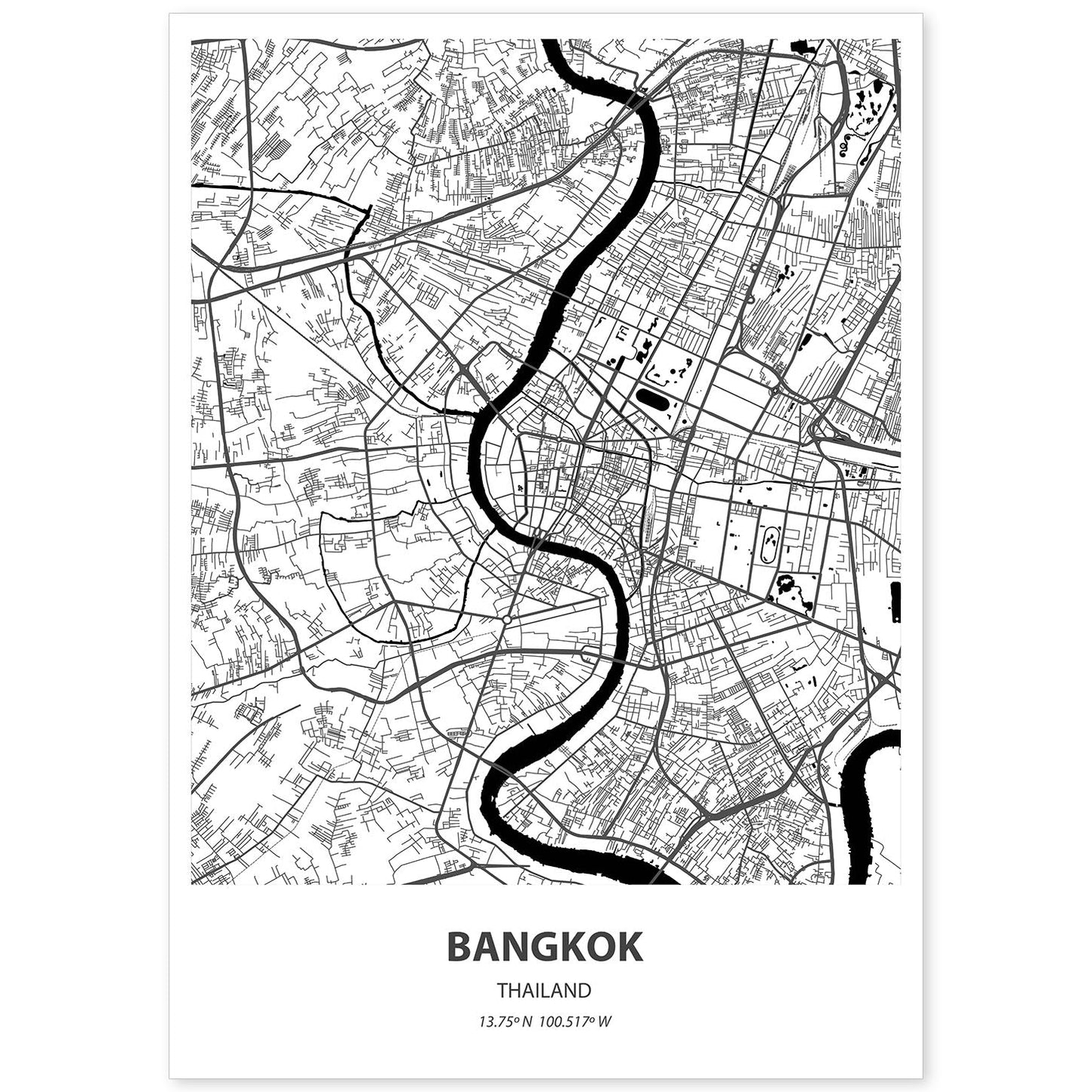 Poster con mapa de Bangkok - Tailandia. Láminas de ciudades de Asia con mares y ríos en color negro.-Artwork-Nacnic-A4-Sin marco-Nacnic Estudio SL