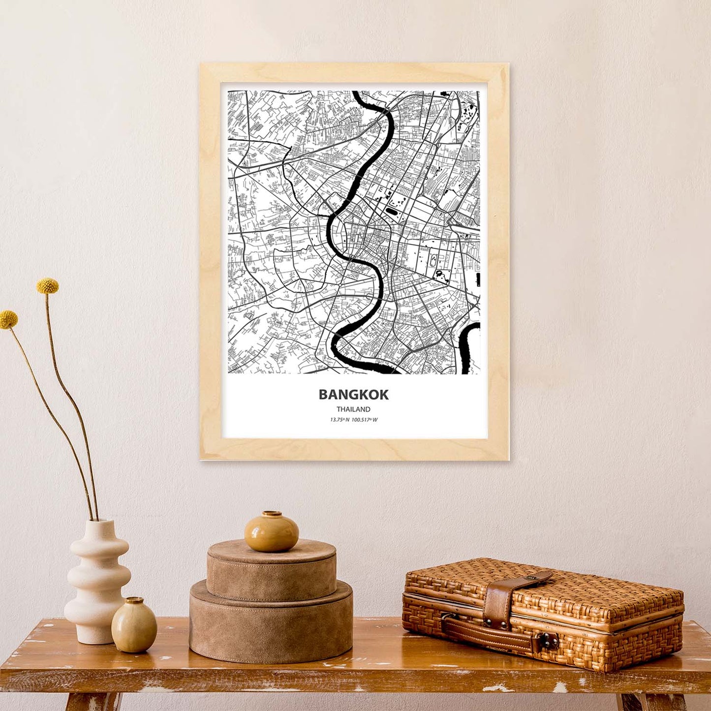 Poster con mapa de Bangkok - Tailandia. Láminas de ciudades de Asia con mares y ríos en color negro.-Artwork-Nacnic-Nacnic Estudio SL