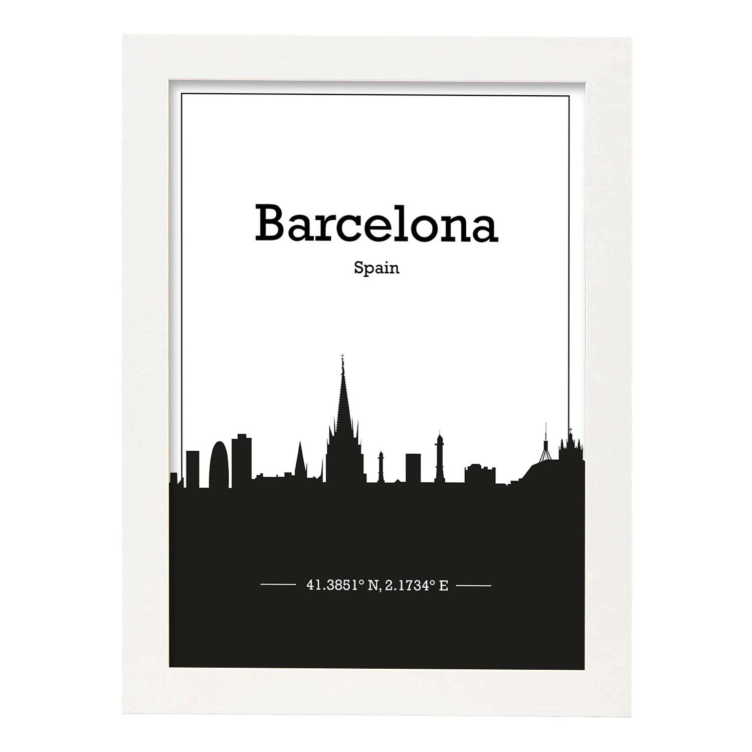Poster con mapa de Barcelona - España. Láminas con Skyline de ciudades de Europa con sombra negra.-Artwork-Nacnic-A3-Marco Blanco-Nacnic Estudio SL