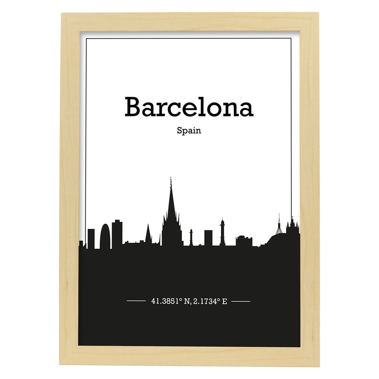 Poster con mapa de Barcelona - España. Láminas con Skyline de ciudades de Europa con sombra negra.-Artwork-Nacnic-A3-Marco Madera clara-Nacnic Estudio SL