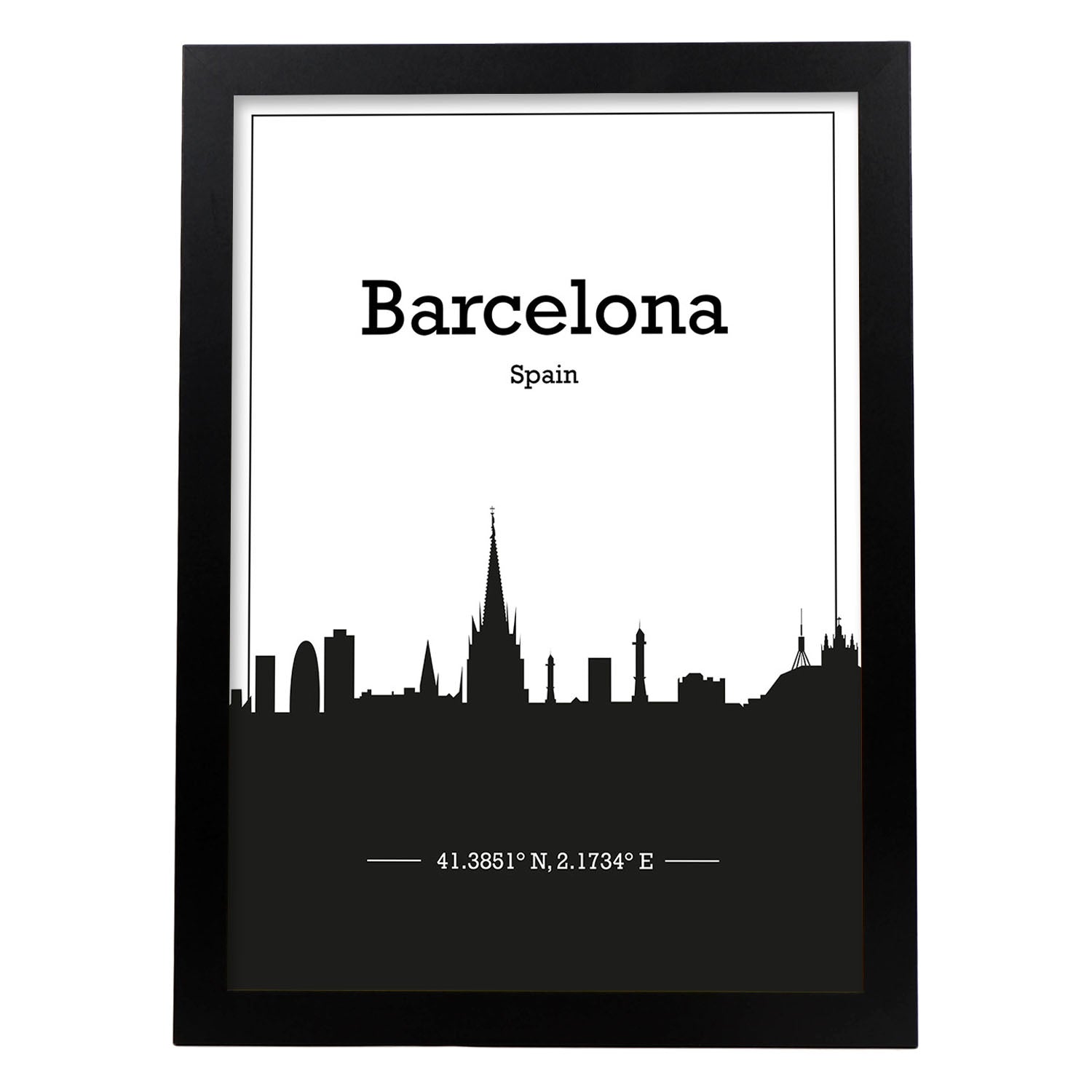 Poster con mapa de Barcelona - España. Láminas con Skyline de ciudades de Europa con sombra negra.-Artwork-Nacnic-A3-Marco Negro-Nacnic Estudio SL