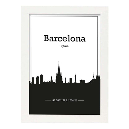 Poster con mapa de Barcelona - España. Láminas con Skyline de ciudades de Europa con sombra negra.-Artwork-Nacnic-A4-Marco Blanco-Nacnic Estudio SL