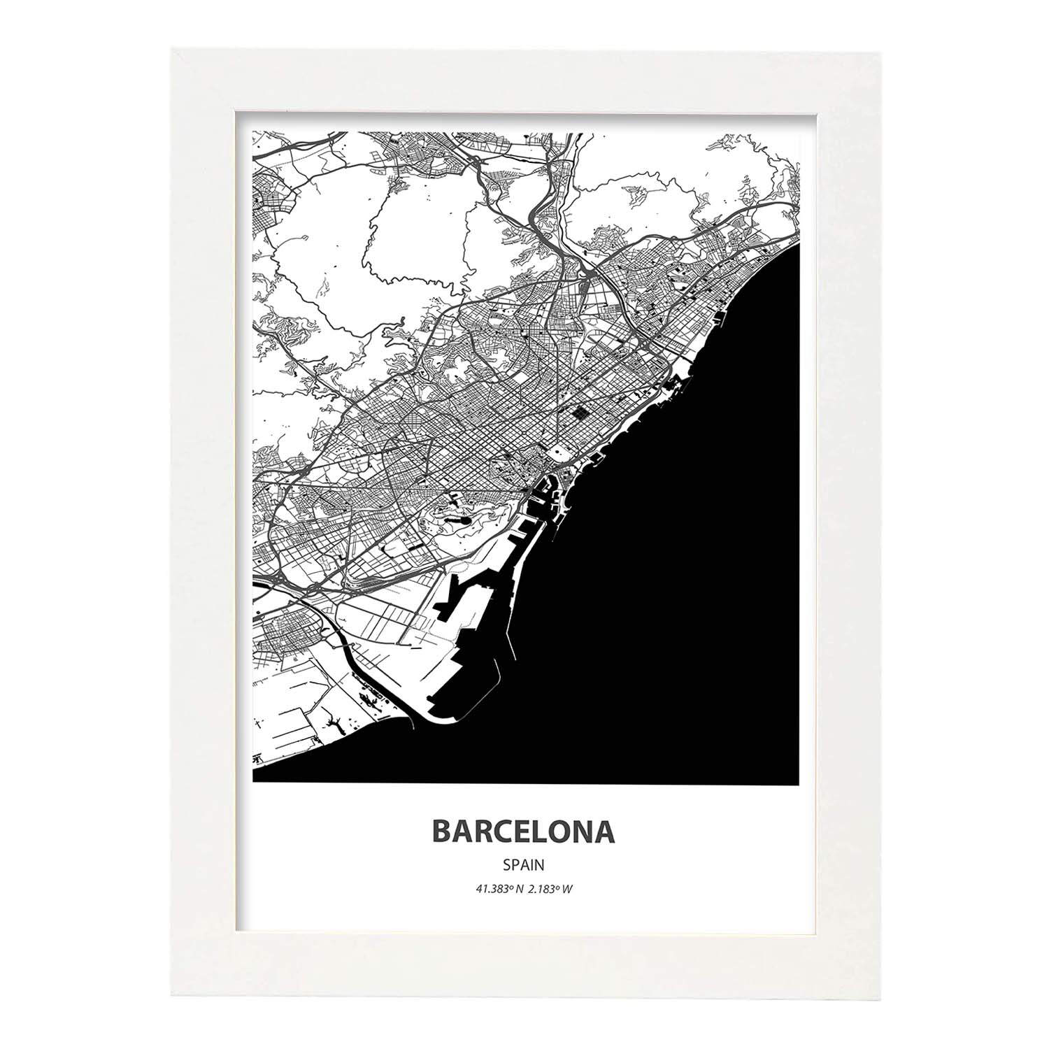 Poster con mapa de Barcelona - España. Láminas de ciudades de España con mares y ríos en color negro.-Artwork-Nacnic-A3-Marco Blanco-Nacnic Estudio SL