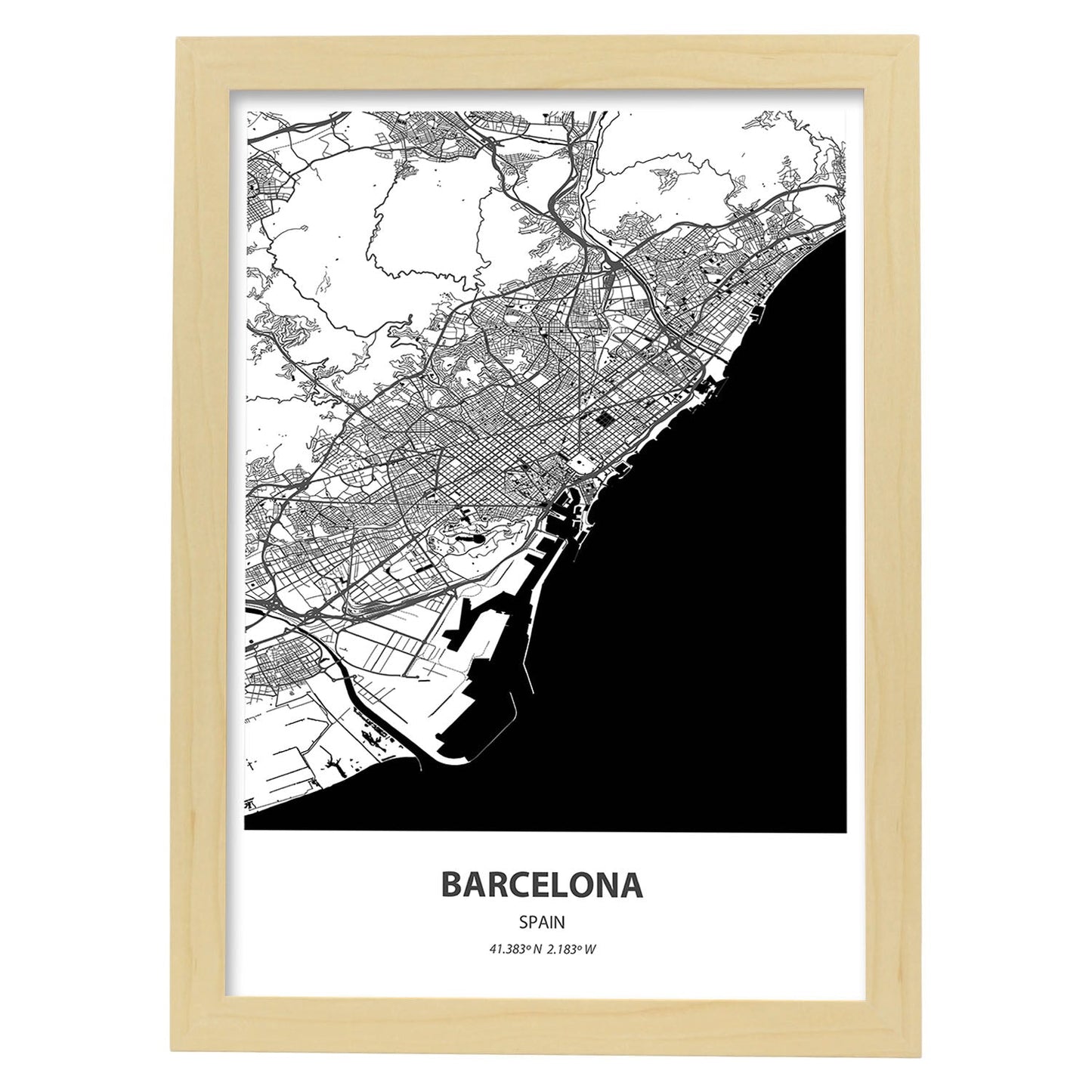 Poster con mapa de Barcelona - España. Láminas de ciudades de España con mares y ríos en color negro.-Artwork-Nacnic-A3-Marco Madera clara-Nacnic Estudio SL