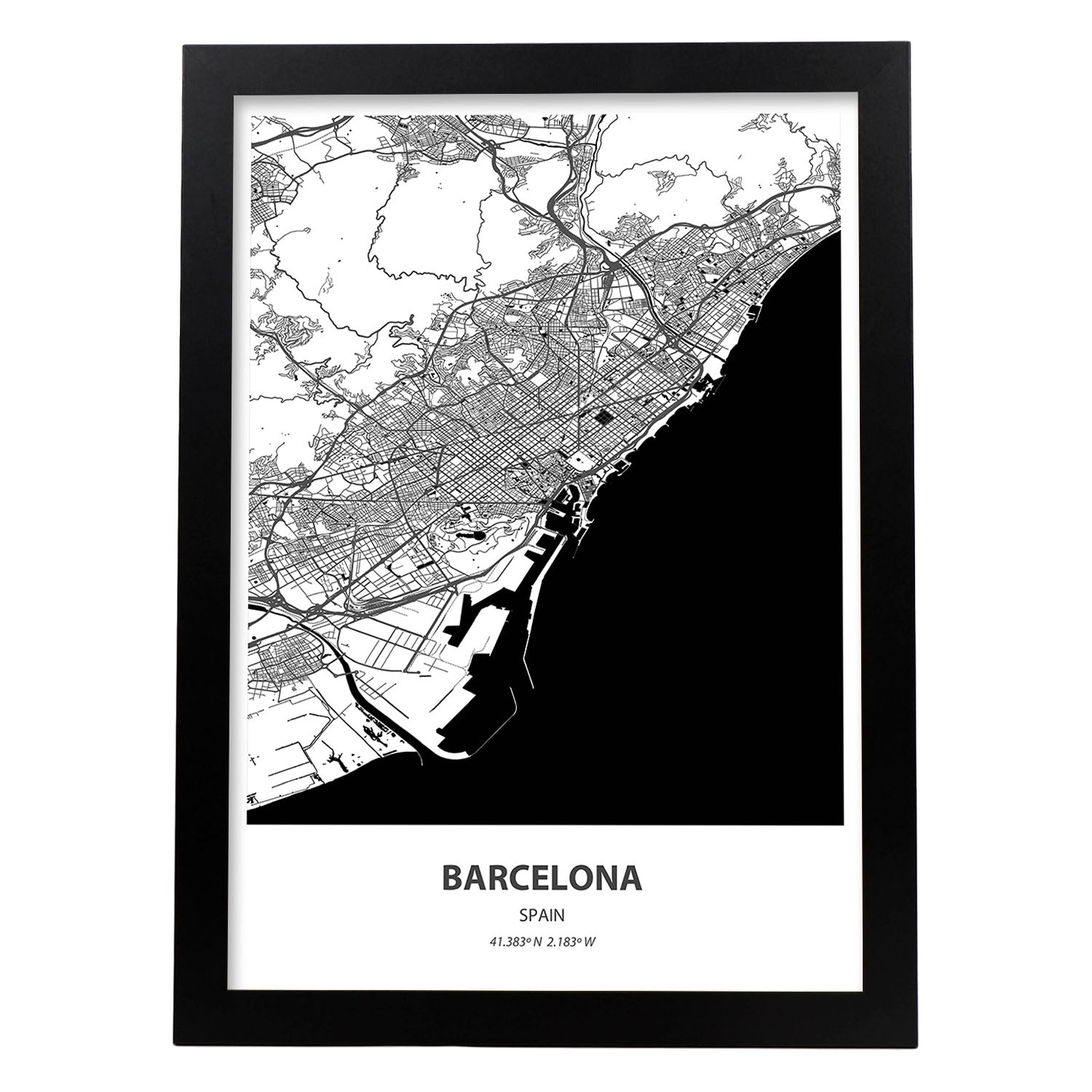 Poster con mapa de Barcelona - España. Láminas de ciudades de España con mares y ríos en color negro.-Artwork-Nacnic-A3-Marco Negro-Nacnic Estudio SL