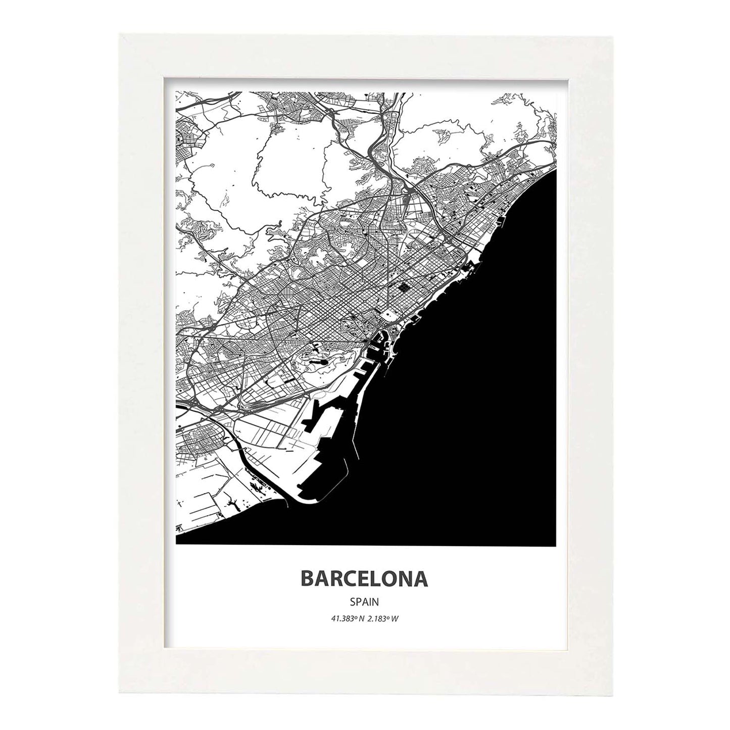 Poster con mapa de Barcelona - España. Láminas de ciudades de España con mares y ríos en color negro.-Artwork-Nacnic-A4-Marco Blanco-Nacnic Estudio SL