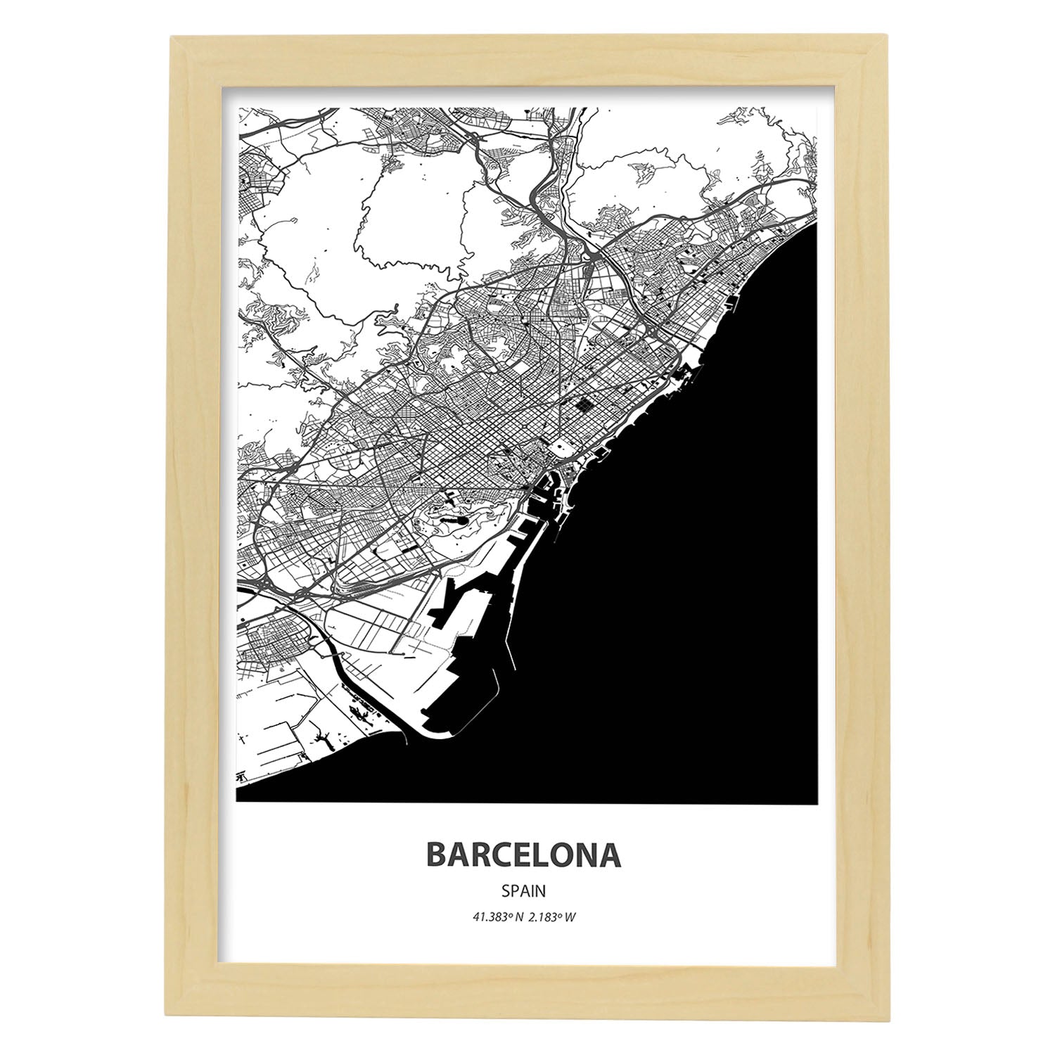 Poster con mapa de Barcelona - España. Láminas de ciudades de España con mares y ríos en color negro.-Artwork-Nacnic-A4-Marco Madera clara-Nacnic Estudio SL