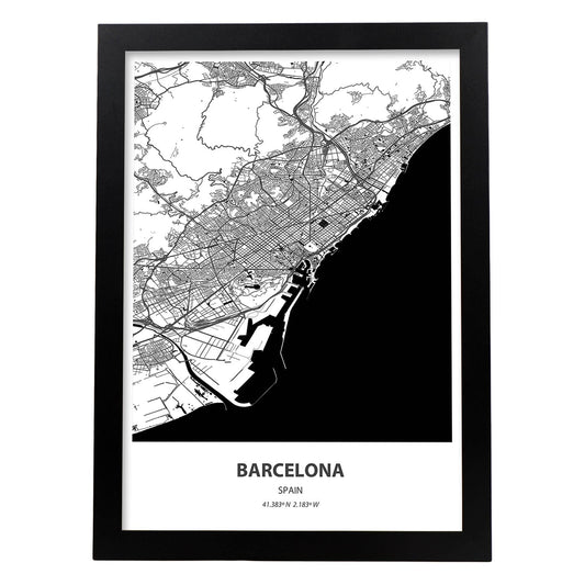 Poster con mapa de Barcelona - España. Láminas de ciudades de España con mares y ríos en color negro.-Artwork-Nacnic-A4-Marco Negro-Nacnic Estudio SL