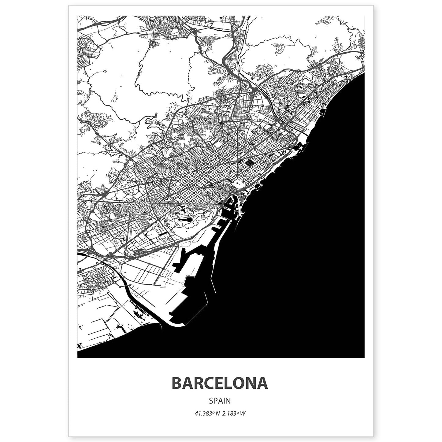 Poster con mapa de Barcelona - España. Láminas de ciudades de España con mares y ríos en color negro.-Artwork-Nacnic-A4-Sin marco-Nacnic Estudio SL