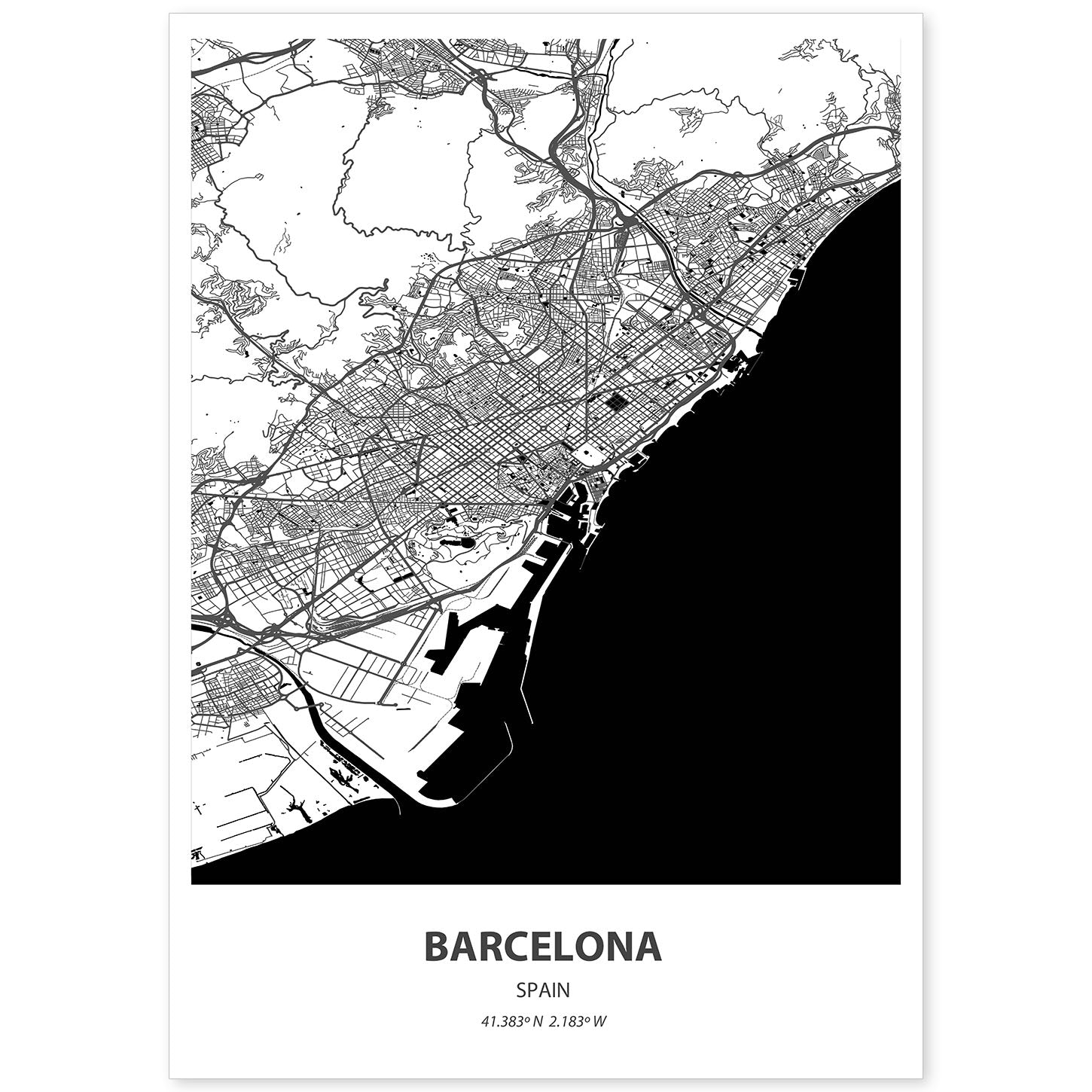 Poster con mapa de Barcelona - España. Láminas de ciudades de España con mares y ríos en color negro.-Artwork-Nacnic-A4-Sin marco-Nacnic Estudio SL