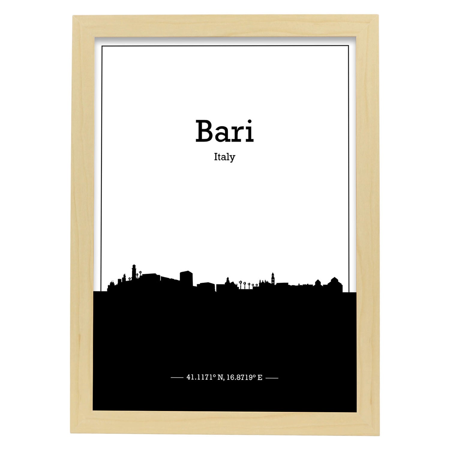 Poster con mapa de Bari - Italia. Láminas con Skyline de ciudades de Italia con sombra negra.-Artwork-Nacnic-A3-Marco Madera clara-Nacnic Estudio SL