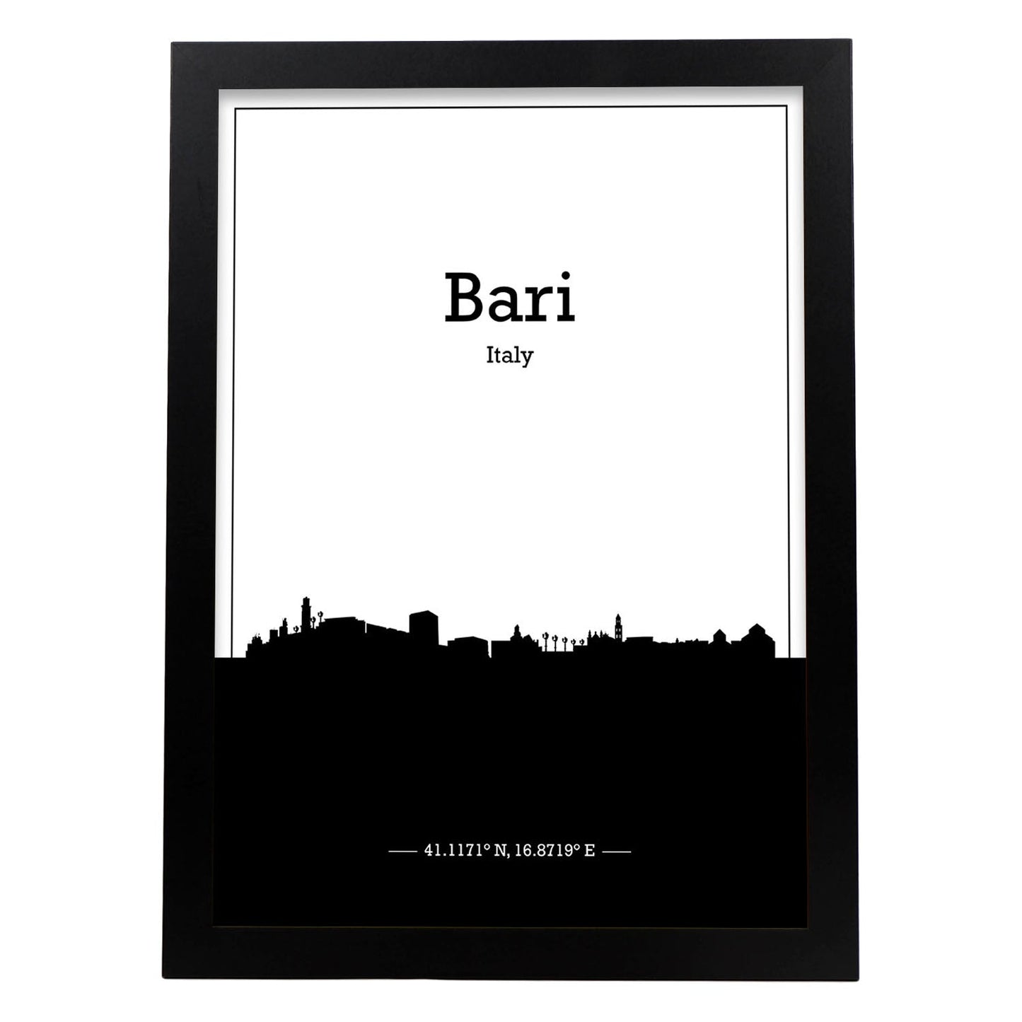 Poster con mapa de Bari - Italia. Láminas con Skyline de ciudades de Italia con sombra negra.-Artwork-Nacnic-A3-Marco Negro-Nacnic Estudio SL