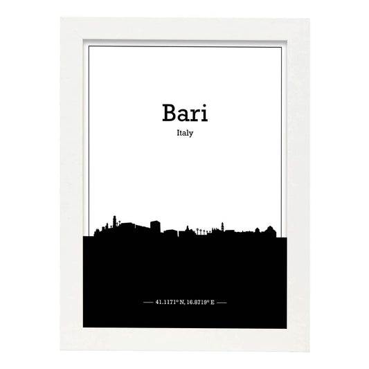 Poster con mapa de Bari - Italia. Láminas con Skyline de ciudades de Italia con sombra negra.-Artwork-Nacnic-A4-Marco Blanco-Nacnic Estudio SL