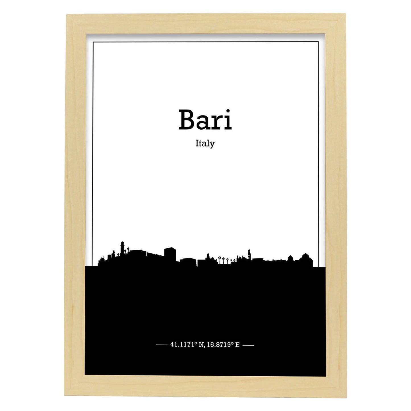 Poster con mapa de Bari - Italia. Láminas con Skyline de ciudades de Italia con sombra negra.-Artwork-Nacnic-A4-Marco Madera clara-Nacnic Estudio SL
