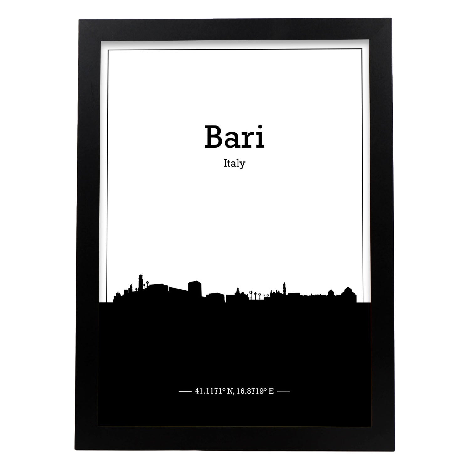 Poster con mapa de Bari - Italia. Láminas con Skyline de ciudades de Italia con sombra negra.-Artwork-Nacnic-A4-Marco Negro-Nacnic Estudio SL