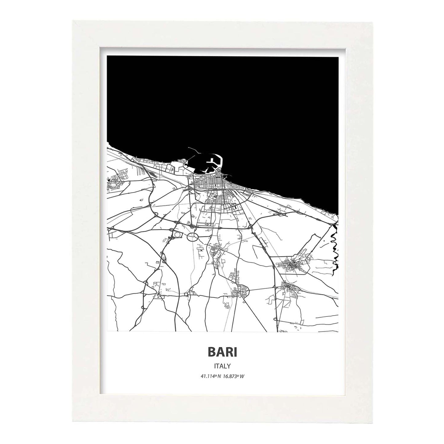 Poster con mapa de Bari - Italia. Láminas de ciudades de Italia con mares y ríos en color negro.-Artwork-Nacnic-A3-Marco Blanco-Nacnic Estudio SL