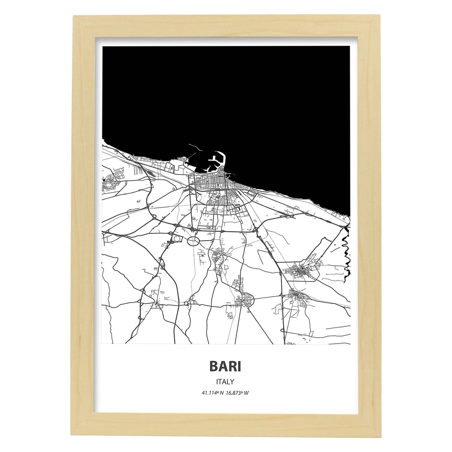 Poster con mapa de Bari - Italia. Láminas de ciudades de Italia con mares y ríos en color negro.-Artwork-Nacnic-A3-Marco Madera clara-Nacnic Estudio SL