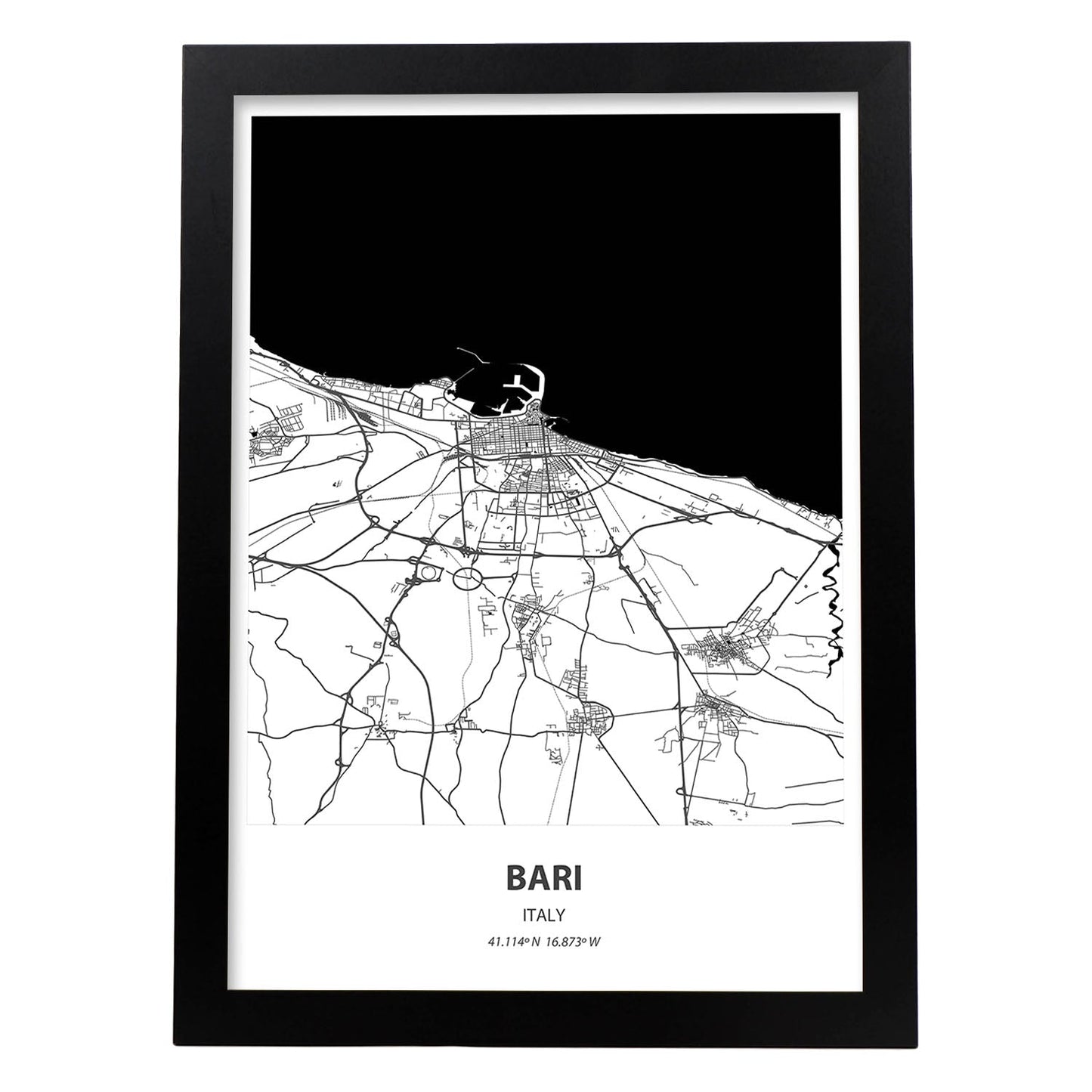 Poster con mapa de Bari - Italia. Láminas de ciudades de Italia con mares y ríos en color negro.-Artwork-Nacnic-A3-Marco Negro-Nacnic Estudio SL