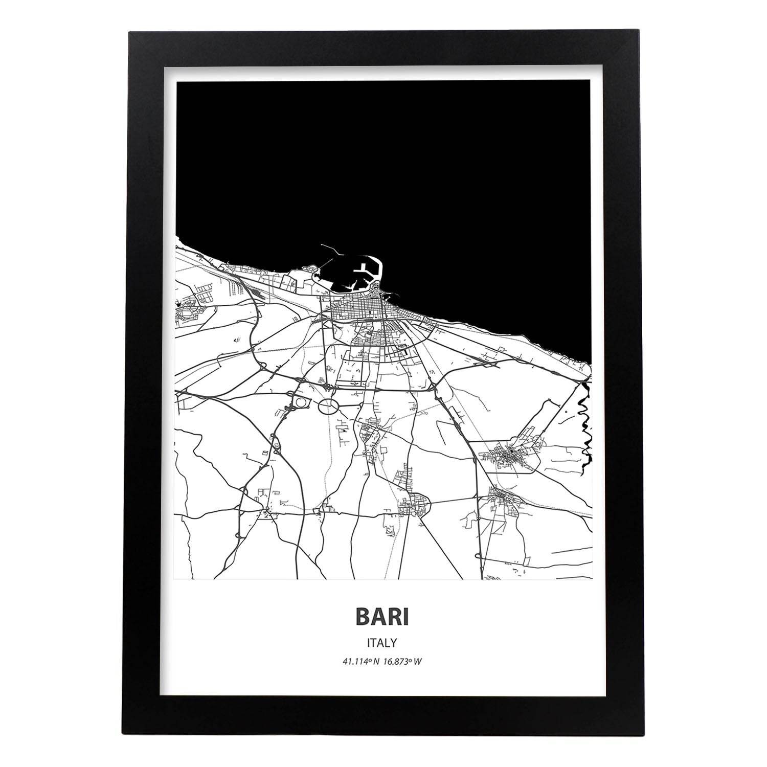 Poster con mapa de Bari - Italia. Láminas de ciudades de Italia con mares y ríos en color negro.-Artwork-Nacnic-A4-Marco Negro-Nacnic Estudio SL