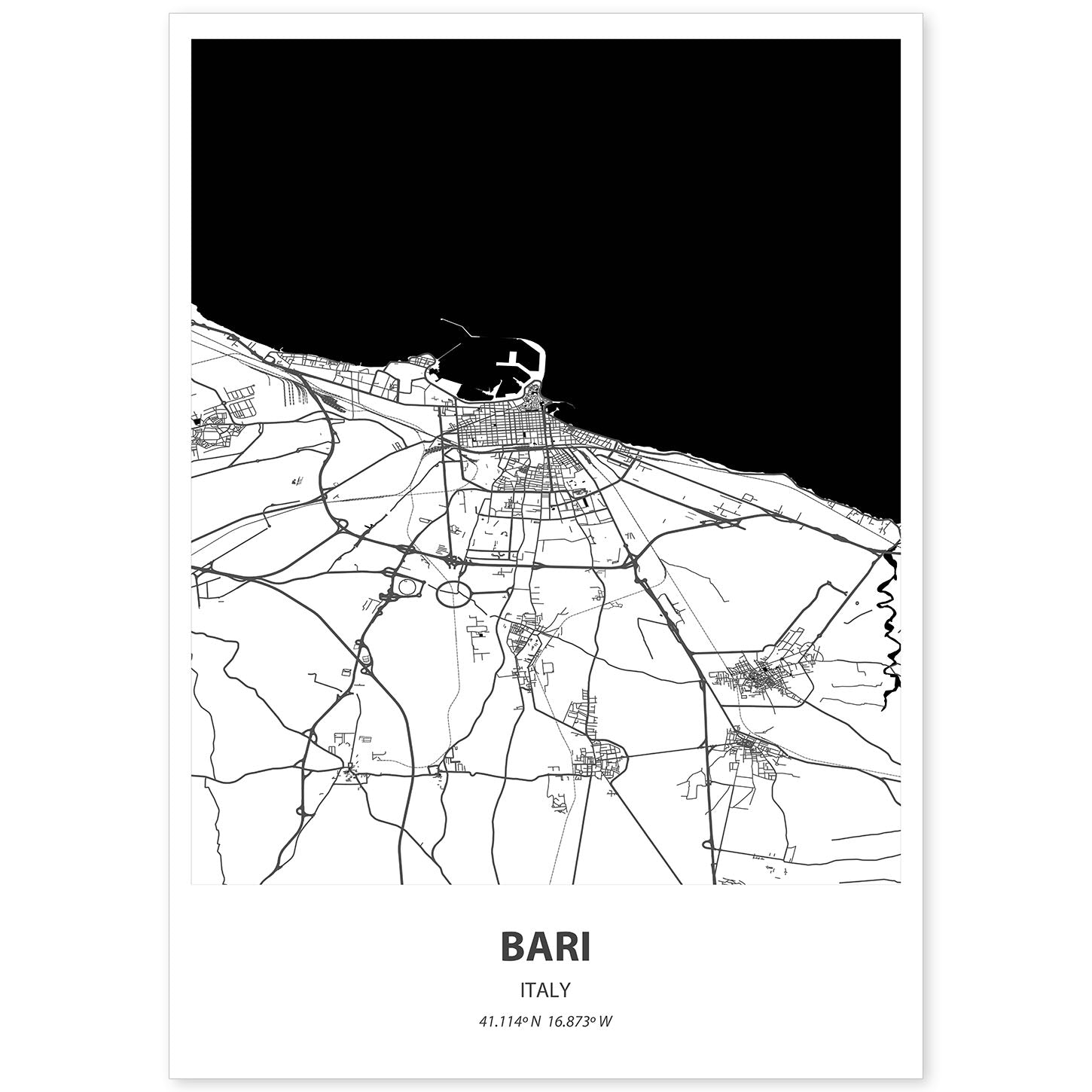 Poster con mapa de Bari - Italia. Láminas de ciudades de Italia con mares y ríos en color negro.-Artwork-Nacnic-A4-Sin marco-Nacnic Estudio SL