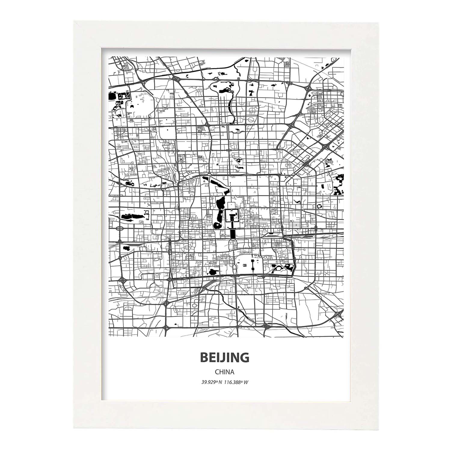 Poster con mapa de Beijing - China. Láminas de ciudades de Asia con mares y ríos en color negro.-Artwork-Nacnic-A3-Marco Blanco-Nacnic Estudio SL