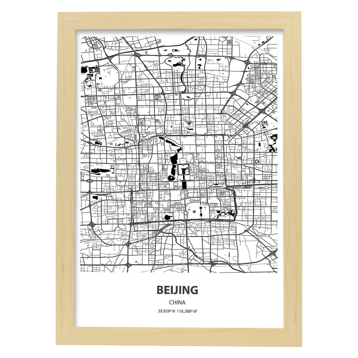 Poster con mapa de Beijing - China. Láminas de ciudades de Asia con mares y ríos en color negro.-Artwork-Nacnic-A3-Marco Madera clara-Nacnic Estudio SL