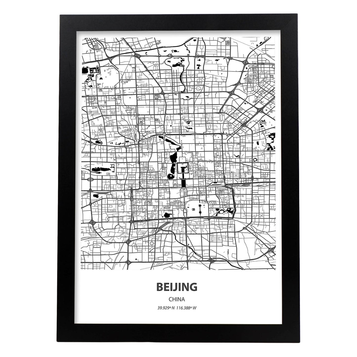 Poster con mapa de Beijing - China. Láminas de ciudades de Asia con mares y ríos en color negro.-Artwork-Nacnic-A3-Marco Negro-Nacnic Estudio SL